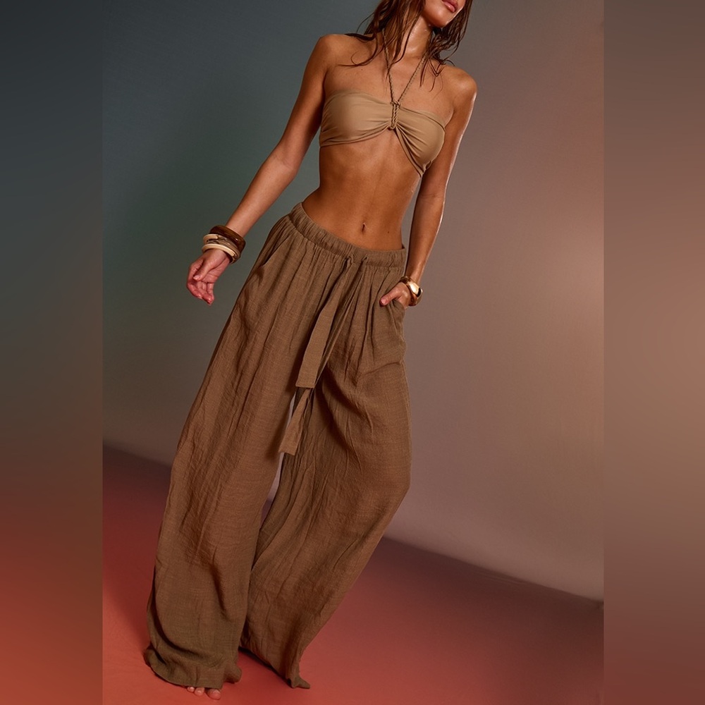 Stone Linen Look Palazzo Beach Pants
